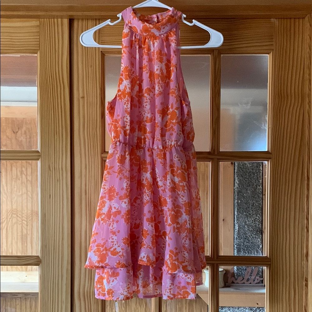 Junior's Sienna Sky Hot Pink Orange Floral Ruffle Skirt A-line Mini Dress S